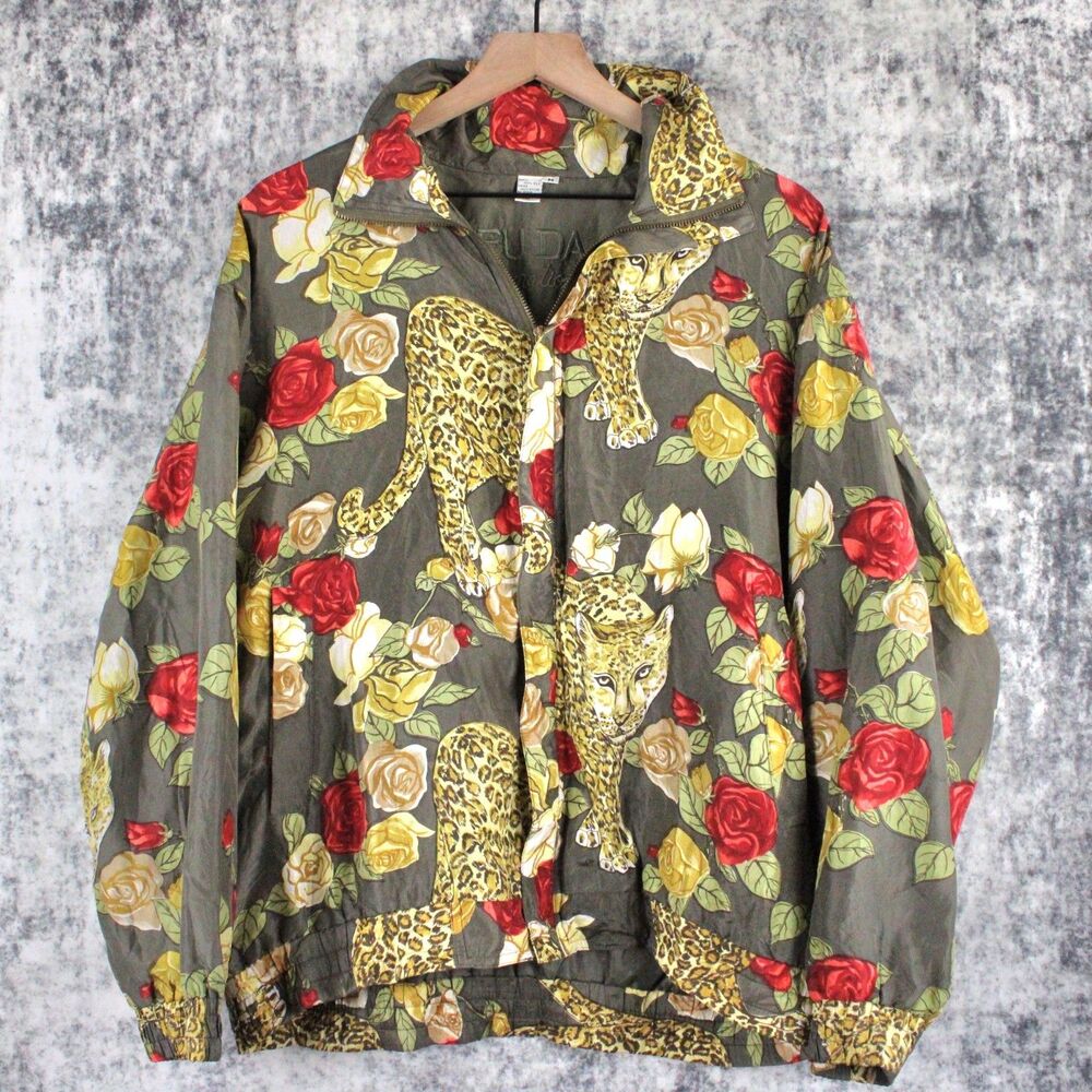 Fuda International Silk Bomber Jacket Womens M Leopard Rose Floral Vintage